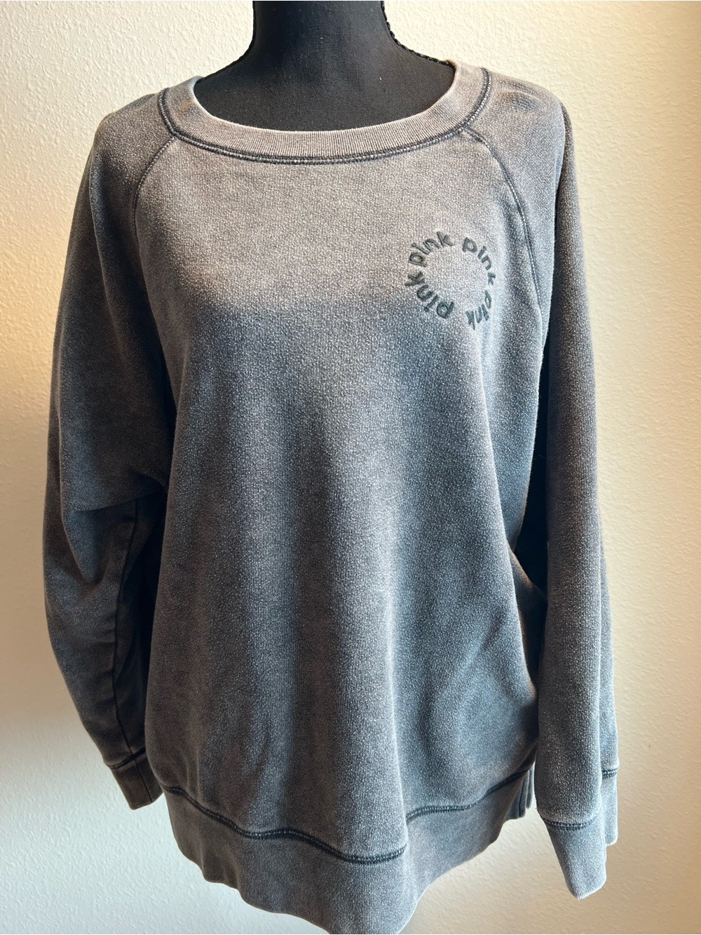 PINK Victoria's Secret Washed Gray Crewneck Sweatshirt Embroidered Logo
